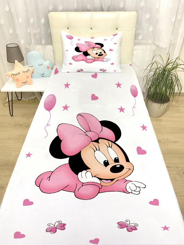 Beyaz Minnie Desenli Yatak Örtüsü ve Yastık