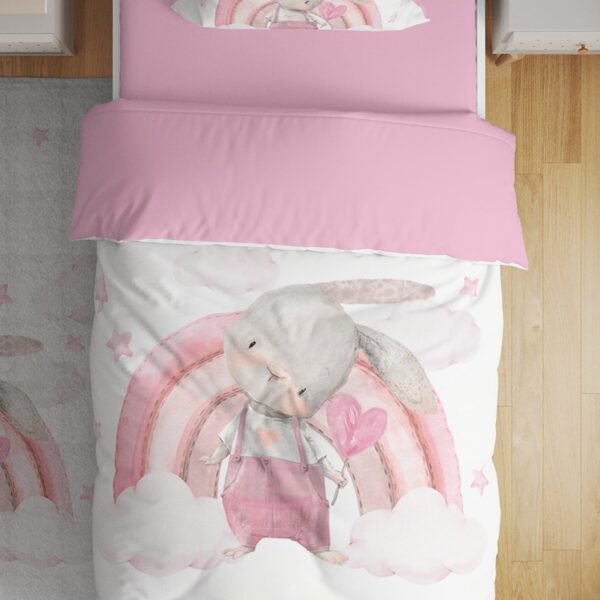 Gökkuşağındaki Tavşan Desenli Tek Kişilik Bebek Çocuk Nevresim Takımı