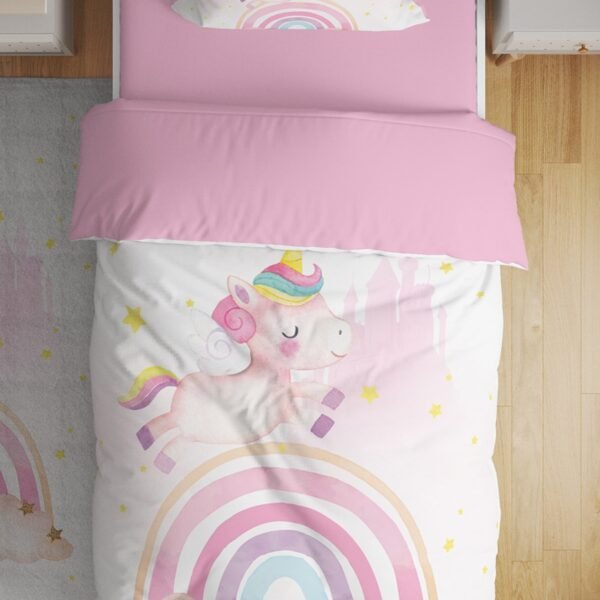 Gökkuşağında Uçan Unicorn Desenli Tek Kişilik Bebek Çocuk Nevresim Takımı