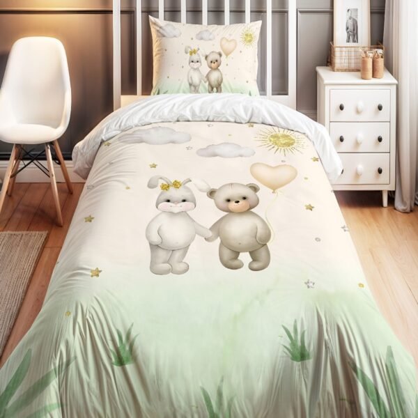 Ayı ve Tavşan Kardeş Desenli Tek Kişilik Bebek Çocuk Nevresim Seti