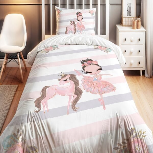 Unicorn Atı ve Balerin Prenses Desenli Tek Kişilik Bebek Çocuk Nevresim Seti