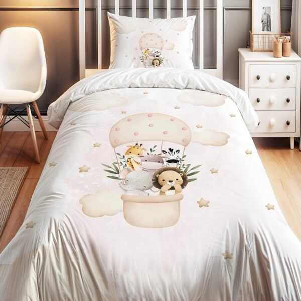 Sevimli Dostlar Uçan Balonda Desenli Tek Kişilik Bebek Çocuk Nevresim Seti